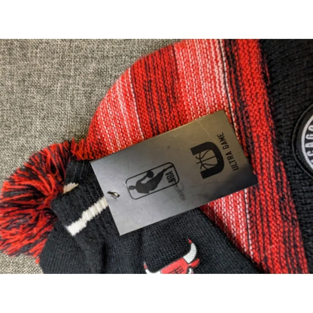 NBA Youth Pom Beanie Knit Winter Cuffed Hat & Gloves Set Red Black One Size